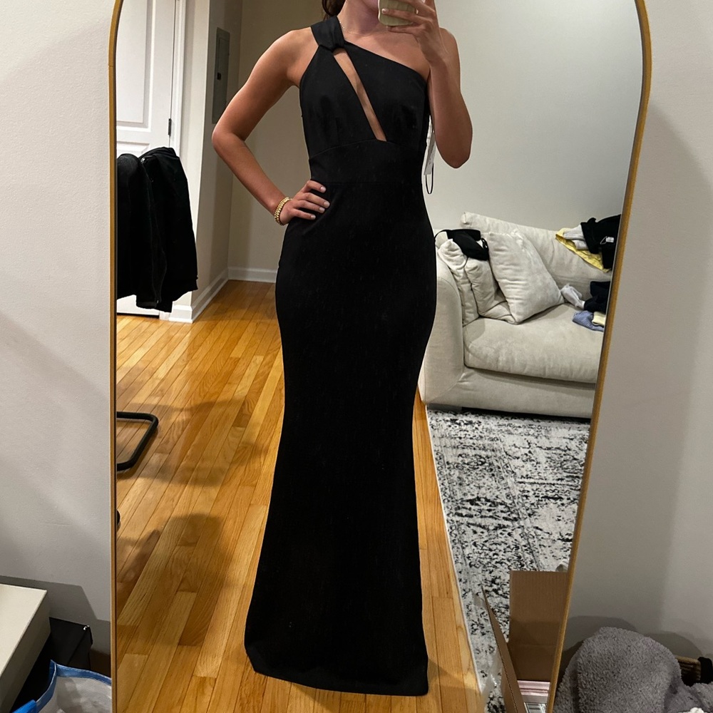 Katie May Black One-Shoulder Cutout Gown View 2